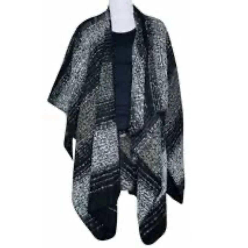 WOOLRICH Super Soft Grey/ Black/ White Gradient Serape Wrap Cape Poncho Pashmina